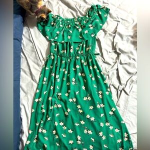 Green Tea Length, Off the shoulder dress with white lilies